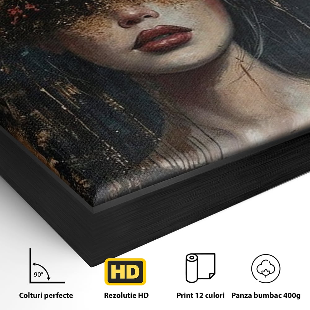 Detaliu al suprafetei: tablou canvas cu portret de femeie si trandafiri rosii, in rama de aluminiu negru